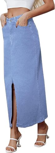 Denim Skirt for Women Midi Jeans Skirt A Line Slit Below The Knee Long Skirt in Saudi Arabia