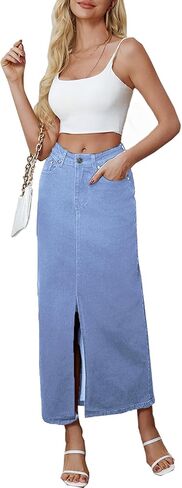 Denim Skirt for Women Midi Jeans Skirt A Line Slit Below The Knee Long Skirt in Saudi Arabia