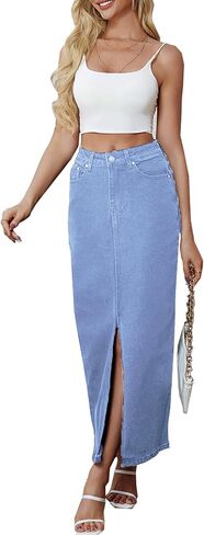 Denim Skirt for Women Midi Jeans Skirt A Line Slit Below The Knee Long Skirt in Saudi Arabia
