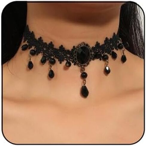Gothic Black Lace Choker Necklace for Women Goth Crystal Pendant Tassels Necklace Vintage Victoria Vampire Choker Necklace Mysterious Witch Halloween Wedding Jewelry in Saudi Arabia