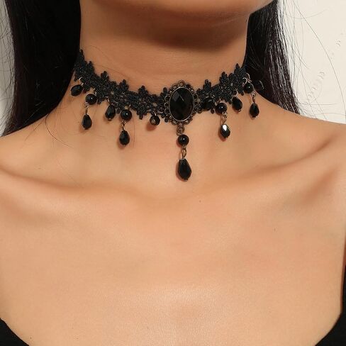 Gothic Black Lace Choker Necklace for Women Goth Crystal Pendant Tassels Necklace Vintage Victoria Vampire Choker Necklace Mysterious Witch Halloween Wedding Jewelry in Saudi Arabia