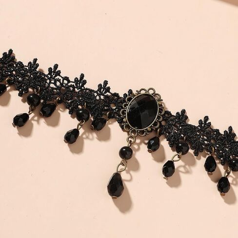 Gothic Black Lace Choker Necklace for Women Goth Crystal Pendant Tassels Necklace Vintage Victoria Vampire Choker Necklace Mysterious Witch Halloween Wedding Jewelry in Saudi Arabia