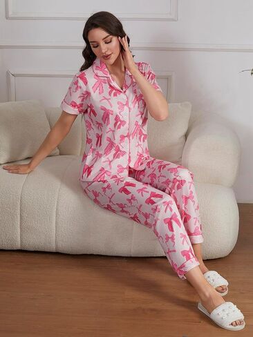 طقم بيجامة نسائي من MakeMeChic مكون من قطعتين وقميص لطيف بأكمام قصيرة وأزرار سفلية وسروال ملابس مريحة in Saudi Arabia