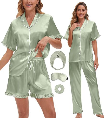 Silk Pajamas for Women 3 Piece Satin Pajama Set Ruffle Cute Pj Sets Button Down Sleepwear Side Pockets in Kuwait