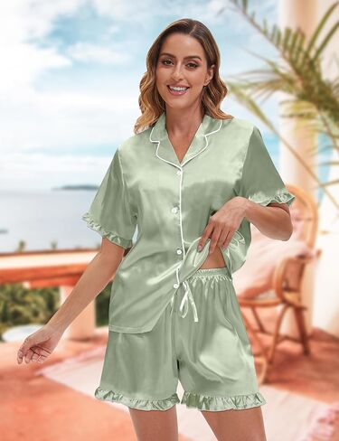 Silk Pajamas for Women 3 Piece Satin Pajama Set Ruffle Cute Pj Sets Button Down Sleepwear Side Pockets in Kuwait