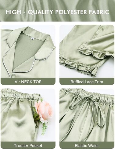 Silk Pajamas for Women 3 Piece Satin Pajama Set Ruffle Cute Pj Sets Button Down Sleepwear Side Pockets in Kuwait
