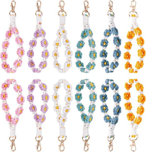 12pcs Handmade Wristlet Keychains, Boho Macrame Keychain Woven Bracelet Wrist Lanyard Car Key Chain Wristbands Cute Daisy Flower Keyring for Women in Saudi Arabia