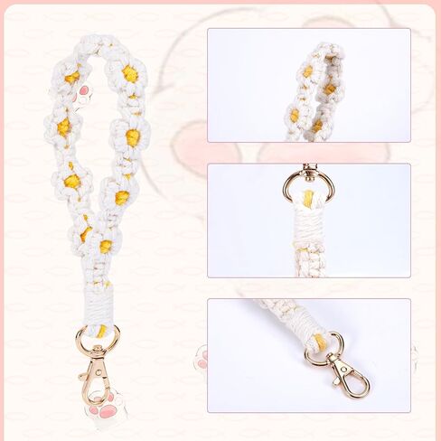 12pcs Handmade Wristlet Keychains, Boho Macrame Keychain Woven Bracelet Wrist Lanyard Car Key Chain Wristbands Cute Daisy Flower Keyring for Women in Saudi Arabia