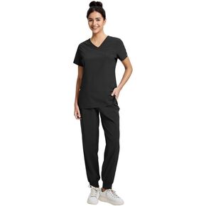 مجموعة سكراب للنساء، طقم سكراب علوي برقبة على شكل حرف V، طقم سكرابز مع 11 جيبًا، يمكن غسله في الغسالة، حزام خصر لليوجا in Kuwait