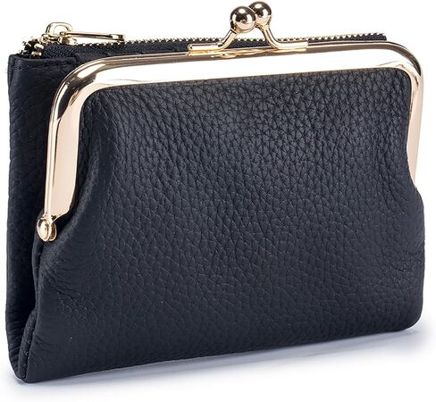 Genuine Leather Kiss Lock Wallet for Women Kiss Clasp Coin Purse Small Bifold Wallet with Card Slots and Zipper Pocket (Wine Red) in Saudi Arabia