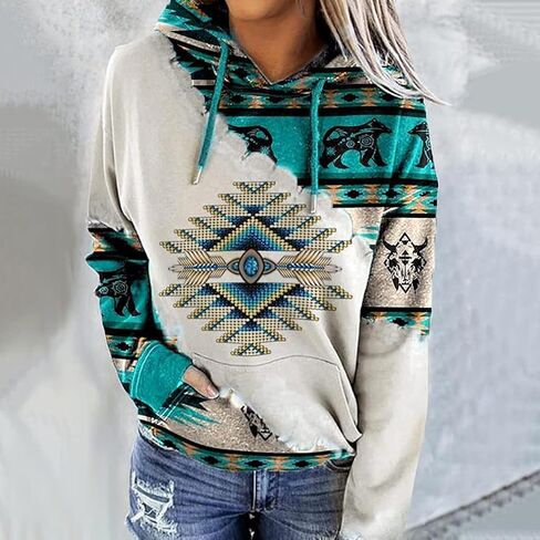Women's Western Sweatshirt Aztec Hoodie Geometric Ethnic Style Pullover Western Wear Cowgirl Sweatshirts for Women in Saudi Arabia