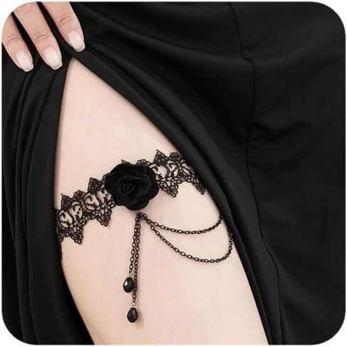 ALEXTINA Vampire Costume Black Lace Thigh Chain, Strench Leg Chain Garter, Rose Sexy Body Chain, Goth Halloween Accessories in Saudi Arabia