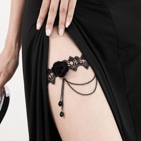 ALEXTINA Vampire Costume Black Lace Thigh Chain, Strench Leg Chain Garter, Rose Sexy Body Chain, Goth Halloween Accessories in Saudi Arabia