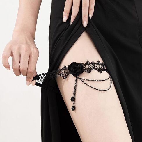 ALEXTINA Vampire Costume Black Lace Thigh Chain, Strench Leg Chain Garter, Rose Sexy Body Chain, Goth Halloween Accessories in Saudi Arabia
