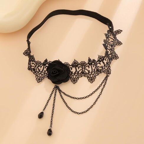 ALEXTINA Vampire Costume Black Lace Thigh Chain, Strench Leg Chain Garter, Rose Sexy Body Chain, Goth Halloween Accessories in Saudi Arabia