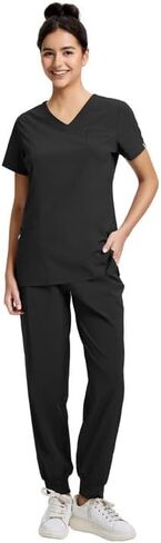 مجموعة سكراب للنساء، طقم سكراب علوي برقبة على شكل حرف V، طقم سكرابز مع 11 جيبًا، يمكن غسله في الغسالة، حزام خصر لليوجا in Kuwait