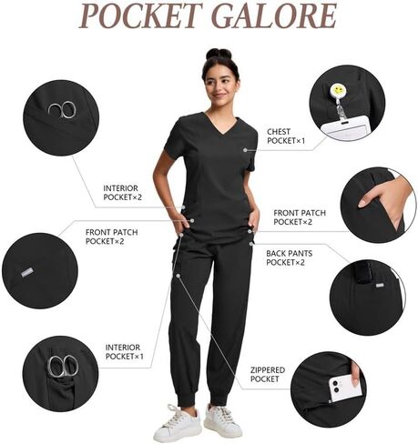 مجموعة سكراب للنساء، طقم سكراب علوي برقبة على شكل حرف V، طقم سكرابز مع 11 جيبًا، يمكن غسله في الغسالة، حزام خصر لليوجا in Kuwait