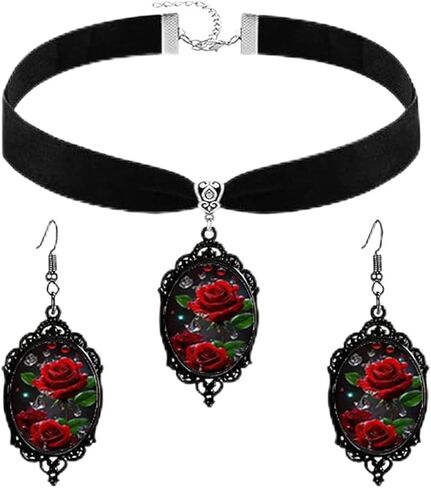 GYRMMUE Gothic Rose Flower Necklace Earring Set for Women,Vintage Crystal Cameo Glass Necklaces Earrings Punk Dark Victorian Roses Flower Jewelry Black Velvet Choker Halloween Cosplay Accessories in Saudi Arabia