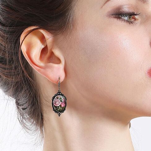 GYRMMUE Gothic Rose Flower Necklace Earring Set for Women,Vintage Crystal Cameo Glass Necklaces Earrings Punk Dark Victorian Roses Flower Jewelry Black Velvet Choker Halloween Cosplay Accessories in Saudi Arabia