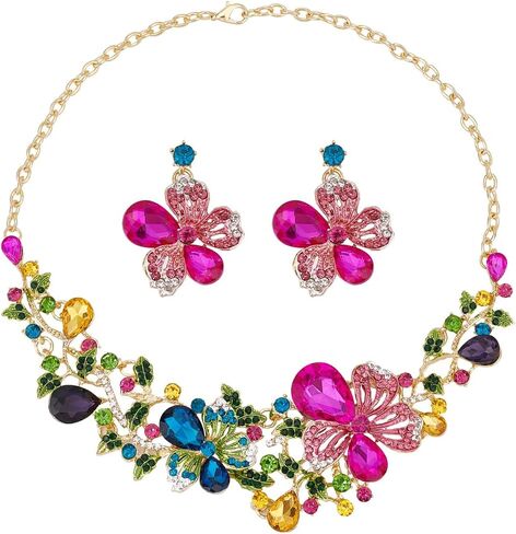 SUPERFINDINGS 2Pcs Crystal Flower Necklace Earrings Set Wedding Brides Jewelry Sets Rhinestone Bib Statement Necklace Fashion Flower Dangle Stud Earrings Prom Party Jewelry for Woman in Saudi Arabia