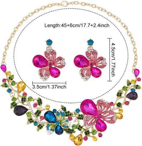 SUPERFINDINGS 2Pcs Crystal Flower Necklace Earrings Set Wedding Brides Jewelry Sets Rhinestone Bib Statement Necklace Fashion Flower Dangle Stud Earrings Prom Party Jewelry for Woman in Saudi Arabia