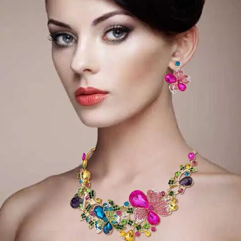 SUPERFINDINGS 2Pcs Crystal Flower Necklace Earrings Set Wedding Brides Jewelry Sets Rhinestone Bib Statement Necklace Fashion Flower Dangle Stud Earrings Prom Party Jewelry for Woman in Saudi Arabia