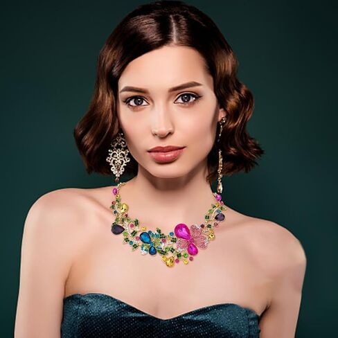 SUPERFINDINGS 2Pcs Crystal Flower Necklace Earrings Set Wedding Brides Jewelry Sets Rhinestone Bib Statement Necklace Fashion Flower Dangle Stud Earrings Prom Party Jewelry for Woman in Saudi Arabia