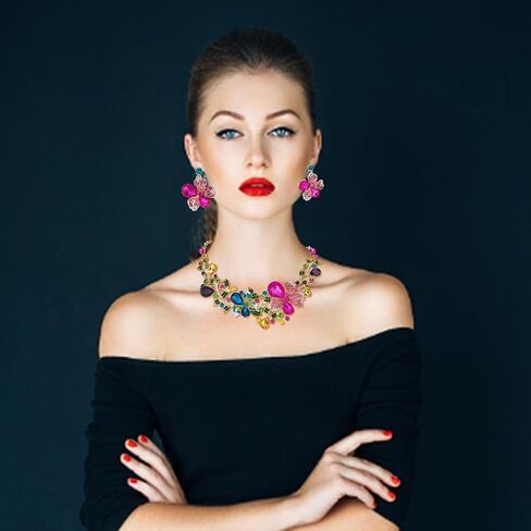 SUPERFINDINGS 2Pcs Crystal Flower Necklace Earrings Set Wedding Brides Jewelry Sets Rhinestone Bib Statement Necklace Fashion Flower Dangle Stud Earrings Prom Party Jewelry for Woman in Saudi Arabia