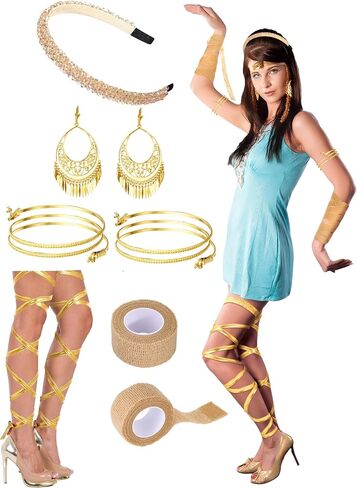 5 Pcs Halloween Egyptian Princess Costume Accessories for Women Includes Leg Straps Gold Swirl Snake Bracelets Earrings Diamond Headband Gauze for Adults Halloween Cosplay Party in Saudi Arabia