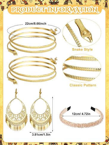 5 Pcs Halloween Egyptian Princess Costume Accessories for Women Includes Leg Straps Gold Swirl Snake Bracelets Earrings Diamond Headband Gauze for Adults Halloween Cosplay Party in Saudi Arabia