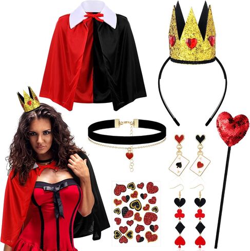 Soulchen 7 Pcs Halloween Queen Costume Set Accessories Red and Black Cloak Cape Cosplay Queen Crown Red Heart Necklace Poker Earrings Scepter Glitter Stickers for Party Women Halloween in Saudi Arabia