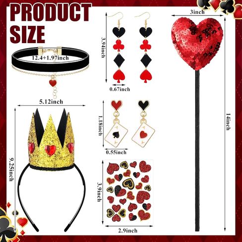 Soulchen 7 Pcs Halloween Queen Costume Set Accessories Red and Black Cloak Cape Cosplay Queen Crown Red Heart Necklace Poker Earrings Scepter Glitter Stickers for Party Women Halloween in Saudi Arabia