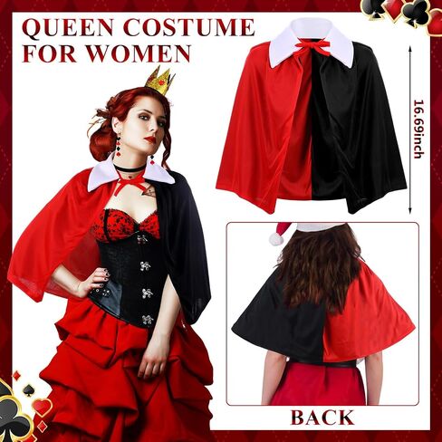 Soulchen 7 Pcs Halloween Queen Costume Set Accessories Red and Black Cloak Cape Cosplay Queen Crown Red Heart Necklace Poker Earrings Scepter Glitter Stickers for Party Women Halloween in Saudi Arabia