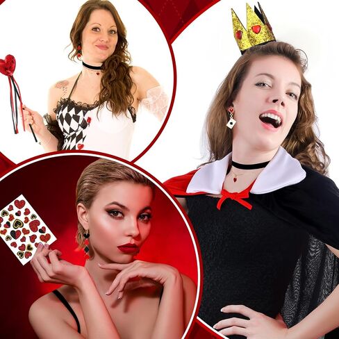 Soulchen 7 Pcs Halloween Queen Costume Set Accessories Red and Black Cloak Cape Cosplay Queen Crown Red Heart Necklace Poker Earrings Scepter Glitter Stickers for Party Women Halloween in Saudi Arabia