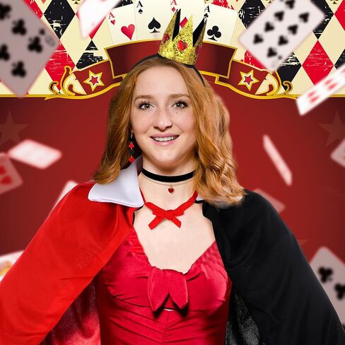 Soulchen 7 Pcs Halloween Queen Costume Set Accessories Red and Black Cloak Cape Cosplay Queen Crown Red Heart Necklace Poker Earrings Scepter Glitter Stickers for Party Women Halloween in Saudi Arabia