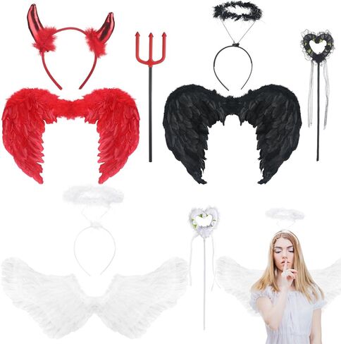 3 Set Angel and Devil Halloween Costumes Set Black Dark and White Wings with Headband Wand Devil Wings with Wand Horn Headband for Halloween Dress up Outfit in Saudi Arabia