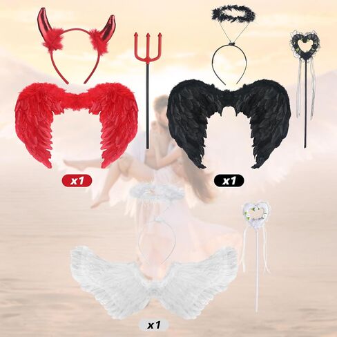 3 Set Angel and Devil Halloween Costumes Set Black Dark and White Wings with Headband Wand Devil Wings with Wand Horn Headband for Halloween Dress up Outfit in Saudi Arabia