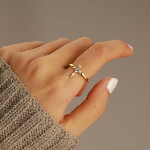 Cross Open Band Ring for Women Micro Paved CZ Cross Ring Geometric Stackable Adjustable Statement Finger Jewelry for Daily Wear Special Occasion in Saudi Arabia