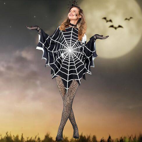 Suhine 17 Pcs Halloween Gothic Spider Woman Costume Includes Spiderweb Poncho Headband Spider Earrings Hand Gloves Gothic Necklace Stockings 10 Face Temporary Tattoos Stickers for Adult Cosplay Party in Saudi Arabia