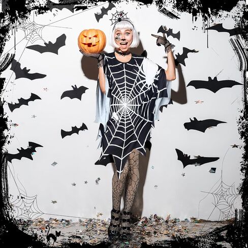 Suhine 17 Pcs Halloween Gothic Spider Woman Costume Includes Spiderweb Poncho Headband Spider Earrings Hand Gloves Gothic Necklace Stockings 10 Face Temporary Tattoos Stickers for Adult Cosplay Party in Saudi Arabia