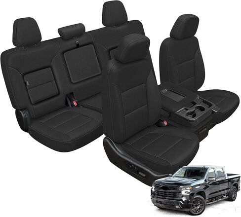 غطاء المقعد الأمامي والخلفي متوافق مع 2019-2025 Chevy Silverado/GMC Sierra 1500 مع مساحة تخزين للمقعد الخلفي وحامل أكواب، قماش محبوك عالي التحمل in Saudi Arabia