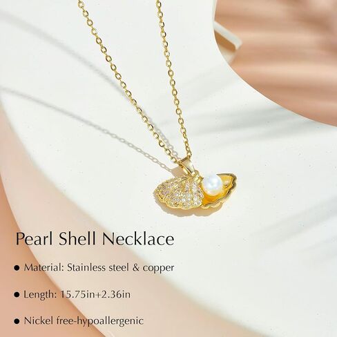 Seashell Pearl Pendant Necklace for Women, Simple Pearl Necklaces Pearl with Delicate Cubic Zirconia Setting, Fashion Summer Jewelry Gift in Saudi Arabia