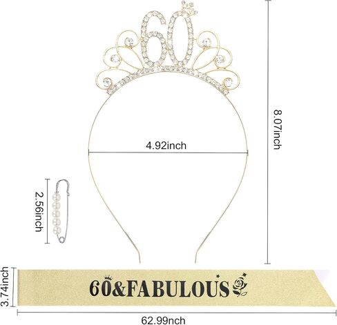 YARIEW 60th Birthday Headband + Sash + Tiara Set, '60 & Fabulous' Gold Birthday Crown & Sash for Women in Saudi Arabia