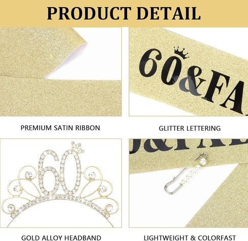 YARIEW 60th Birthday Headband + Sash + Tiara Set, '60 & Fabulous' Gold Birthday Crown & Sash for Women in Saudi Arabia