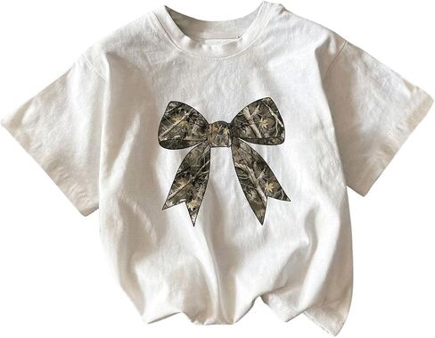 SHENHE Girl's Graphic Bow Tshirt Crew Neck Short Sleeve Camo Print Loose Fit Tee Top in Saudi Arabia
