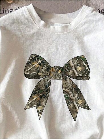 SHENHE Girl's Graphic Bow Tshirt Crew Neck Short Sleeve Camo Print Loose Fit Tee Top in Saudi Arabia