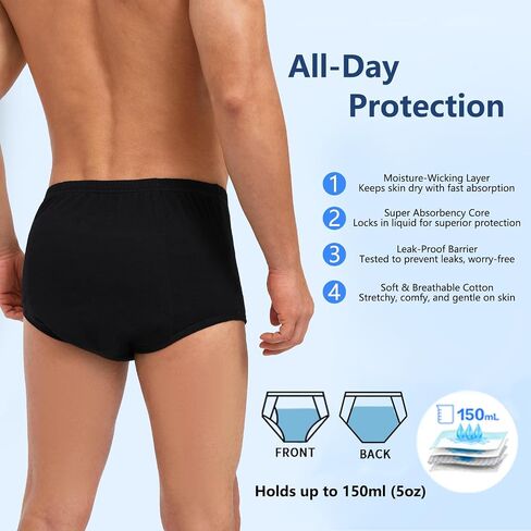 Incontinence Underwear Briefs for Men - Washable Cotton Leakproof Panties with Fly, Front & Rear Leak Proof, 150ml Absorbency (M, Black) in Saudi Arabia