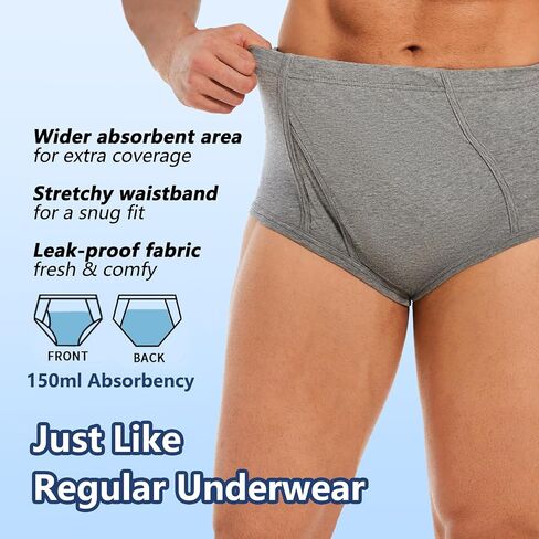 Incontinence Underwear Briefs for Men - Washable Cotton Leakproof Panties with Fly, Front & Rear Leak Proof, 150ml Absorbency (M, Black) in Saudi Arabia