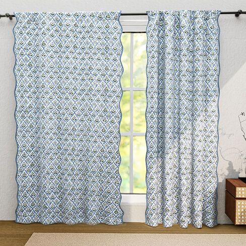 Ridhi Strawberry Pink Floral Cotton Scallop Curtains 1 pcs 84-Inch Pocket for The Rod Semi-Sheer Drapes for Living Room & Bedroom, Floral Patterned Farmhouse Boho French Country Window Panels in Saudi Arabia