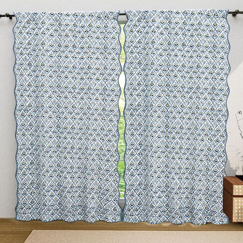 Ridhi Strawberry Pink Floral Cotton Scallop Curtains 1 pcs 84-Inch Pocket for The Rod Semi-Sheer Drapes for Living Room & Bedroom, Floral Patterned Farmhouse Boho French Country Window Panels in Saudi Arabia